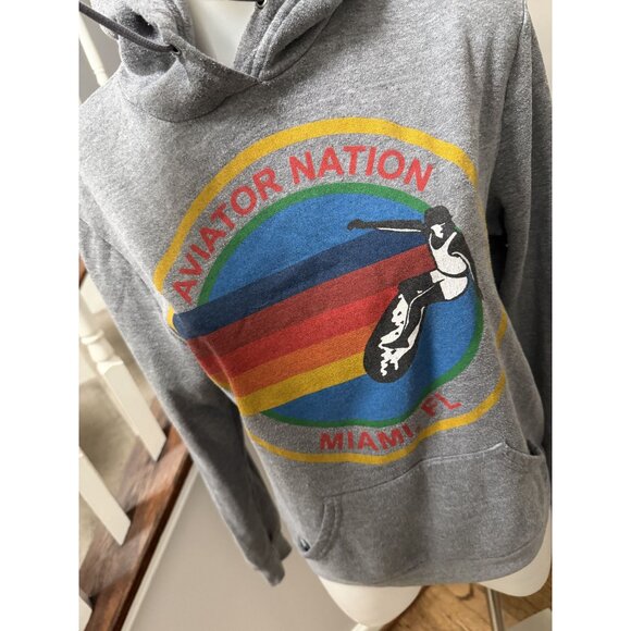 AVIATOR NATION Heather Grey MIAMI CA Drawstring Rainbow Surf Hoodie Sz M - Picture 4 of 6